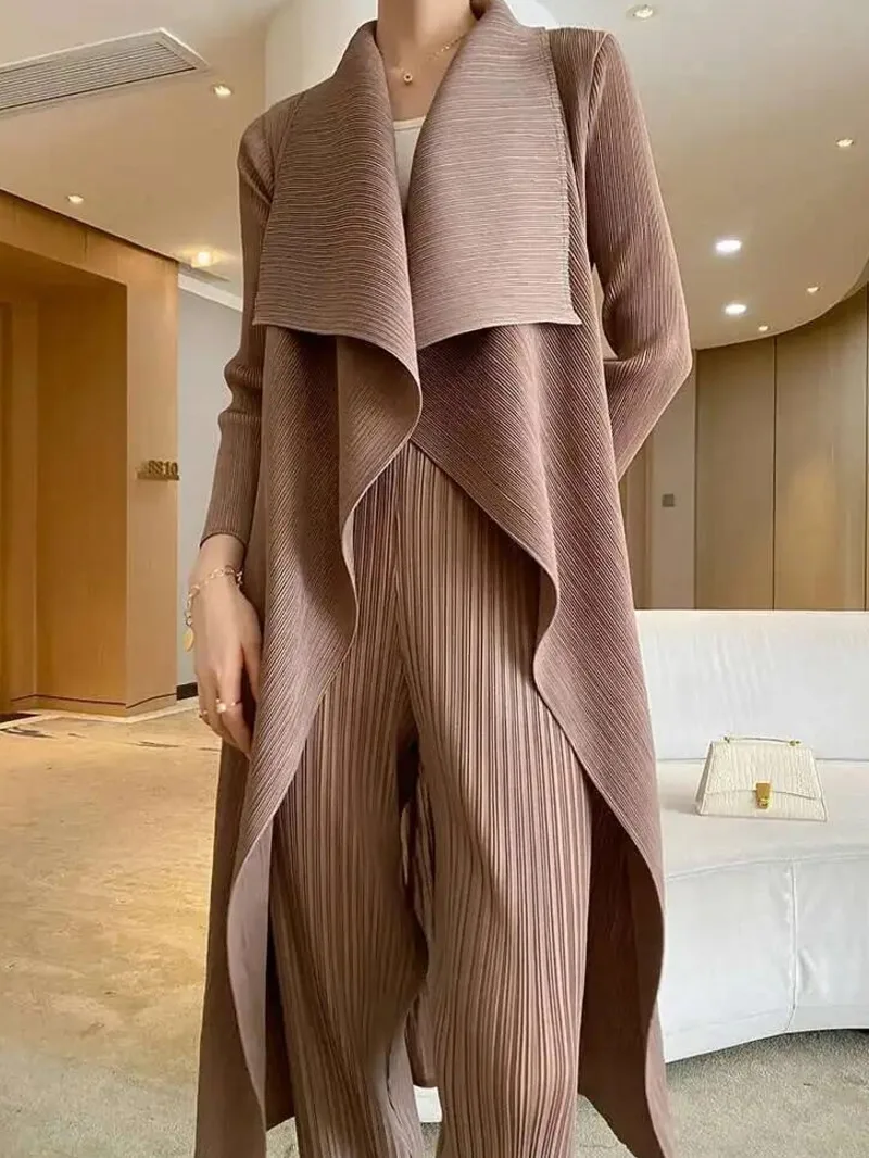 Trench Pleated Long Thin Temperament Solid Color Big Lapel Open Stitch Coat Female Fashion Coat 2023 New Autumn SMOI