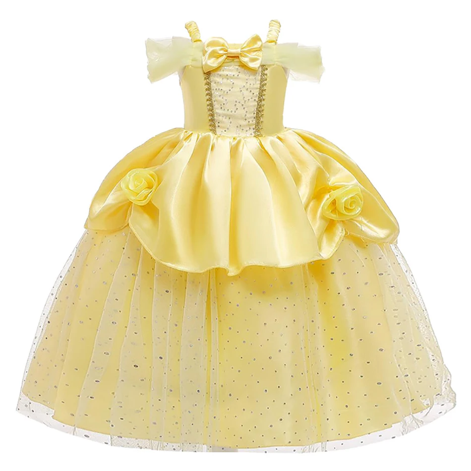 Vestido de princesa bella para niñas, ropa de fiesta amarilla, disfraz de corona de palo mágico, 2023