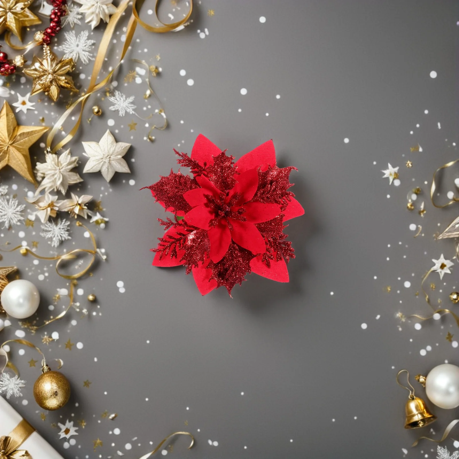 

12Pcs Shiny Poinsettia Flowers Christmas Decoration Craft for Home Hotel Restaurant Photo Booth Classroom Party Event DIY