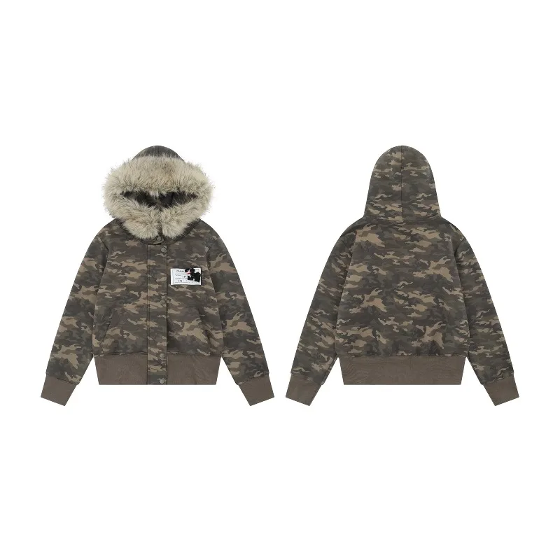 

Hooded Camouflage Jackets Single Breasted Short Overcoats Loose with Faux Fox Collar Stylish Women‘s 2025 New Outerwears Street