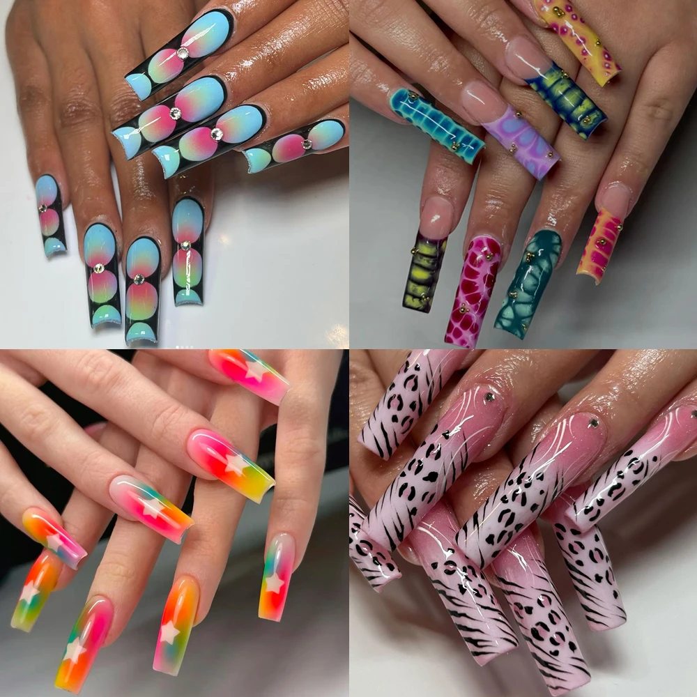 

Colorful Europe America Stripes Leopard Print Long Coffin Handmade Press On Nails Cute 3D Bear Bowknot Diamond Fake Nails Gifts