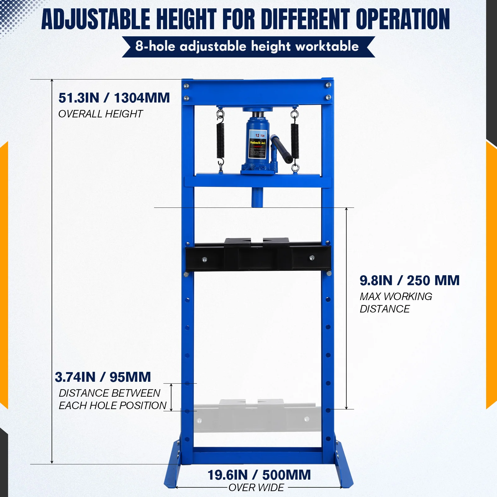 Hydraulic Press, 12 Ton H-Frame Adjustable Garage Hydraulic Shop Press with 2 Press Plates, Relief Valve, Blue