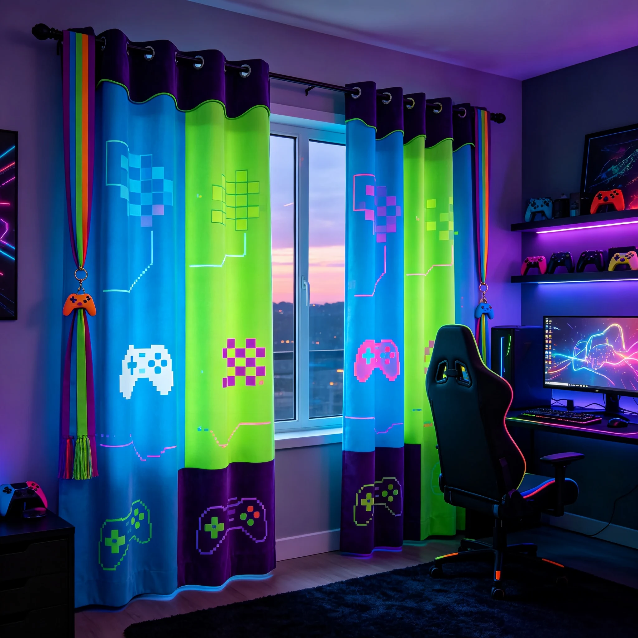 200313   Game room window edge: Electric blue x Fluorescent green x Deep purple short velvet, pixel game pattern curtain
