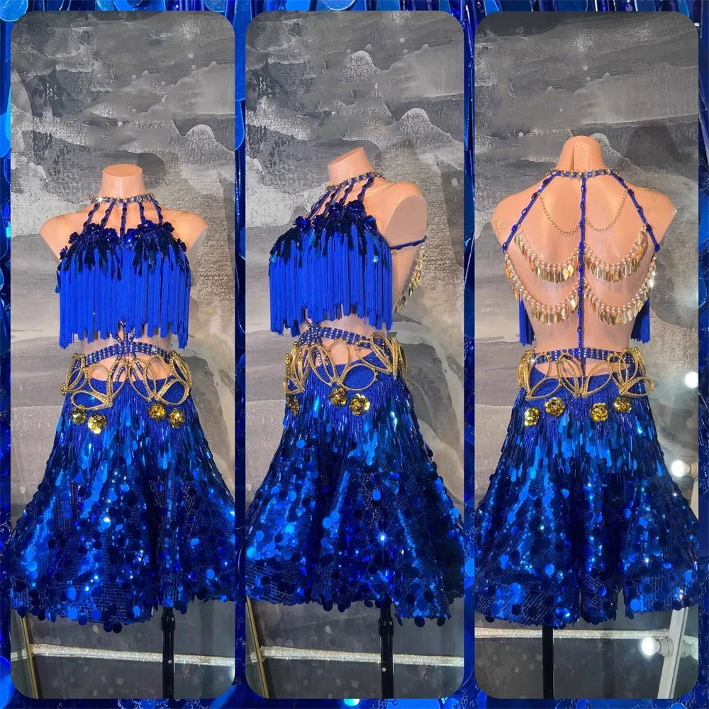 

Latin Dance Competition Women's High-end Custom Tassel Bra Sequin Skirt Tango Samba Performance Rhinestone Dress