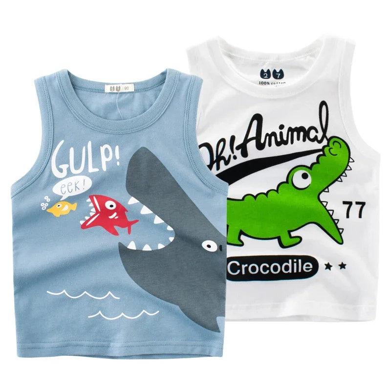 2025 Summer New Cartoon Shark Boys Vest Tops Children's Clothing Sleeveless Cotton T-Shirt Tees Kids Clothes 2-10 Years Old