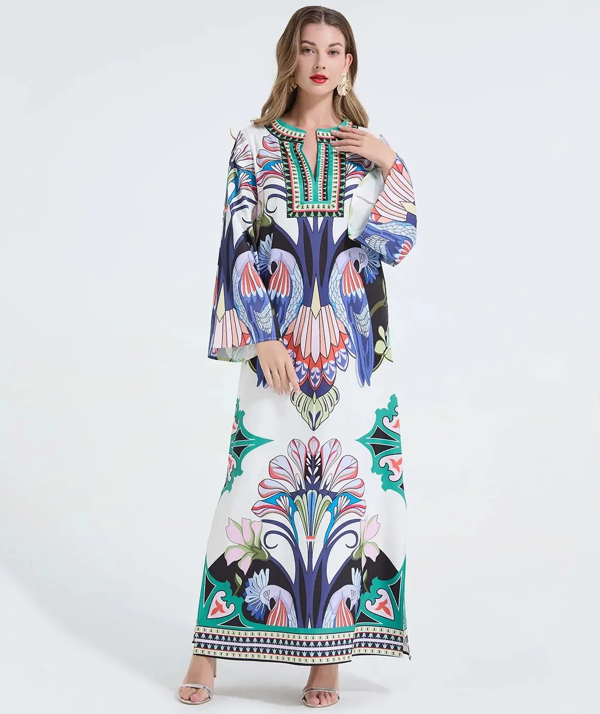 

Women's Clothing 2025 Spring Summer Batwing Sleeve O-Neck Loose Maxi Dresses Female Full Sleeve Printed Boho Beach Party