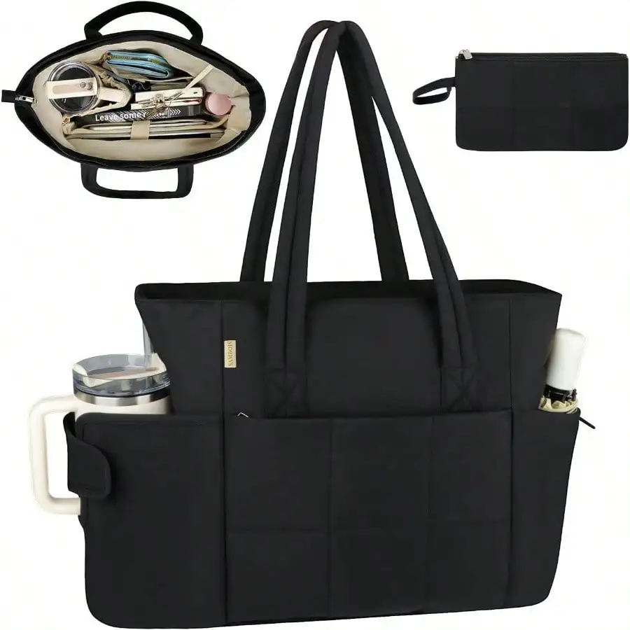 

Puffer Tote Bag With Large Cup Holder 15.6 Inch Laptop Compartment, Lightweight Puffy Work Bag With Bottle Pocket, Large Laptop