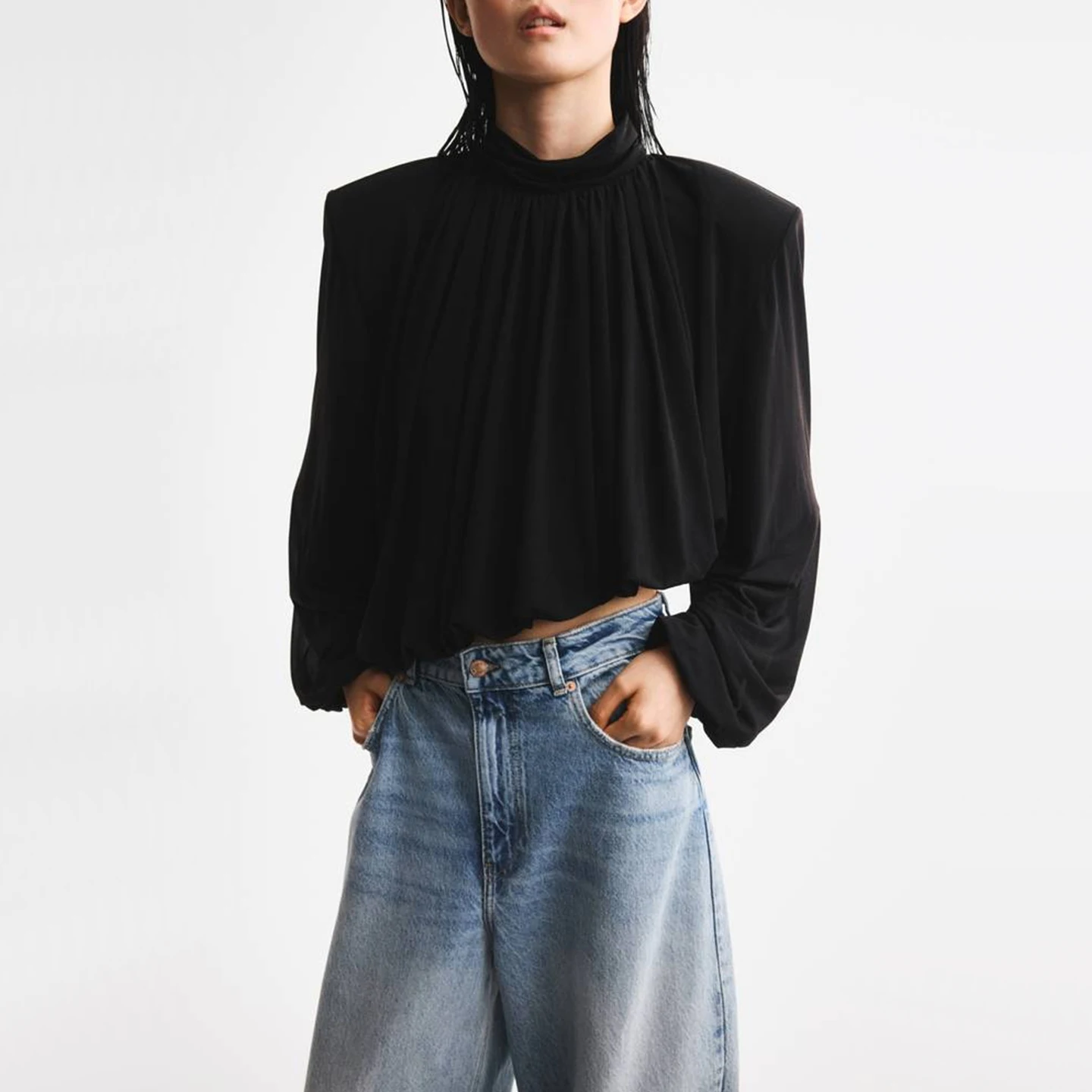 Women's Long Sleeve Pleated Bubble Hem Shirt New 2026 Autumn Fashion Padded Shoulder Design Stand Collar Chinese Brand Zadata