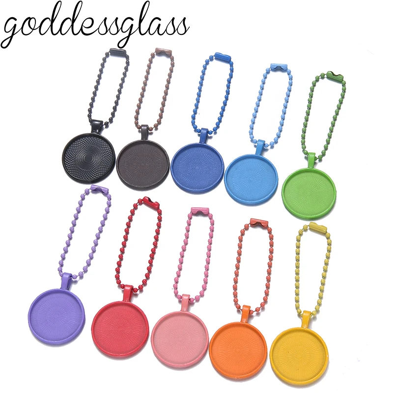 10pcs Colorful Ball Bead Chains Keychain With Pendant Bezel Blank Fit 25mm Cameo Glass Cabochon Base Setting DIY Accessorise