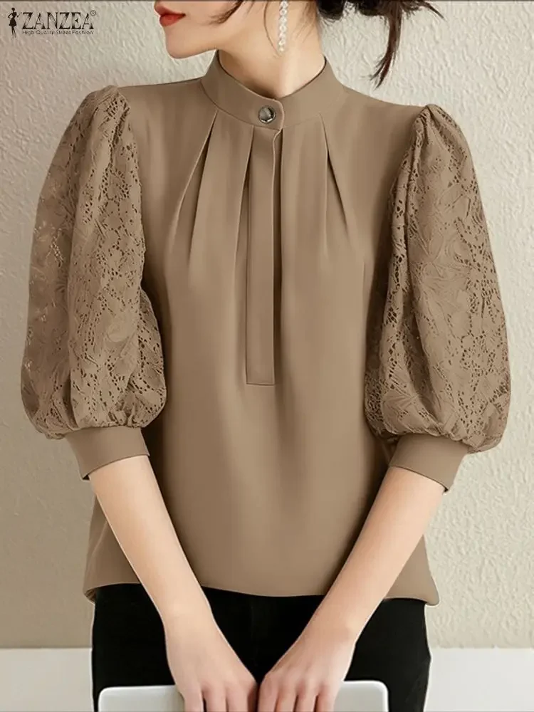

2025 ZANZEA Summer Lace Patchwork Shirt Office Women Blouse Elegant Stand Neck 3/4 Sleeve Work Tops Tunic Loose Chemise Mujer