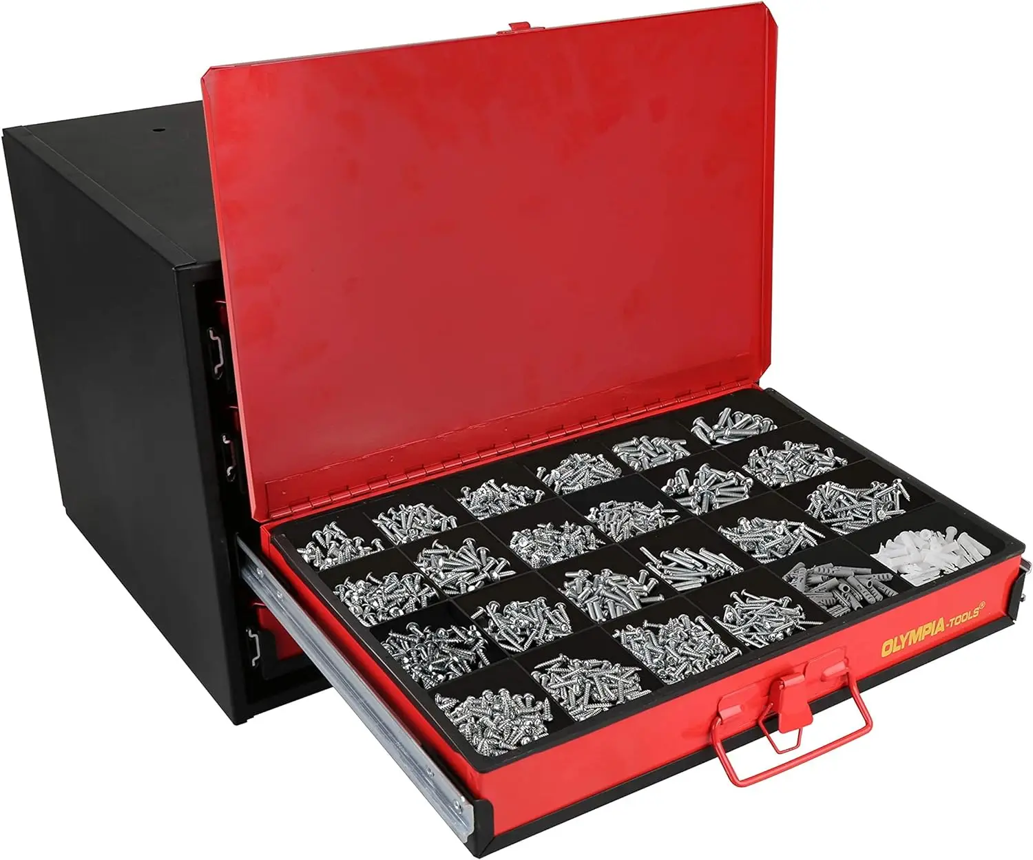 Olympia Tools 90-806, organizador de Hardware de 4 cajones, incluye 2500 piezas de Hardware pequeño, negro/rojo