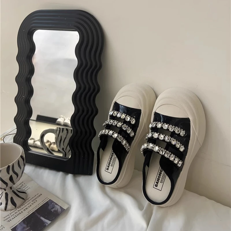 Korean Shoes Casual Female Sneakers All-Match Round Toe Crystal Clogs Platform 2024 Small Summer Rhinestone Creepers New Hook