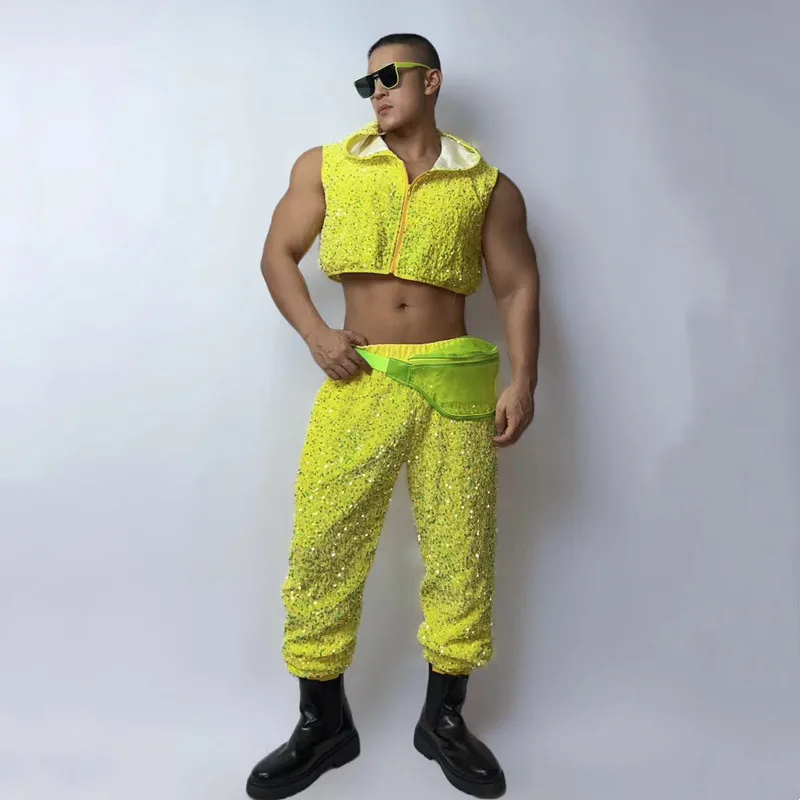 Men\'s Jazz Dance Team Hip Hop 2 Piece Set Performance Clothes Fluorescent Yellow Hooded Vest Pants Nightclub Rave Outfit Costume