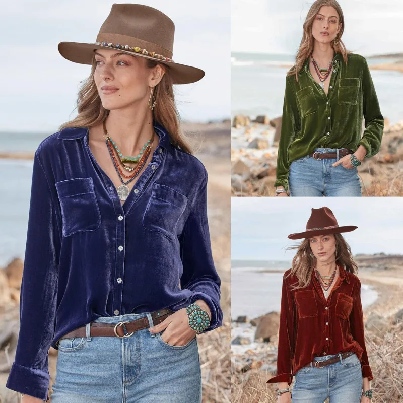 

Women's Spring and Autumn Top Coat Shirt Long Sleeve Pocket Button Retro Simple Comfortable Loose Casual Niche Versatile Skinny