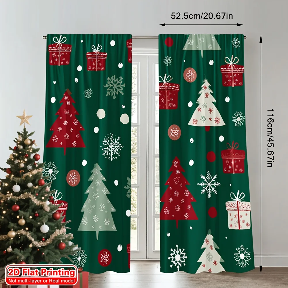 Xmas Tree Gift Snowflake Curtain 2 Panels, Red Green Xmas Tree Gift Box Snowflake Print Dark Green Background Holiday Curtain