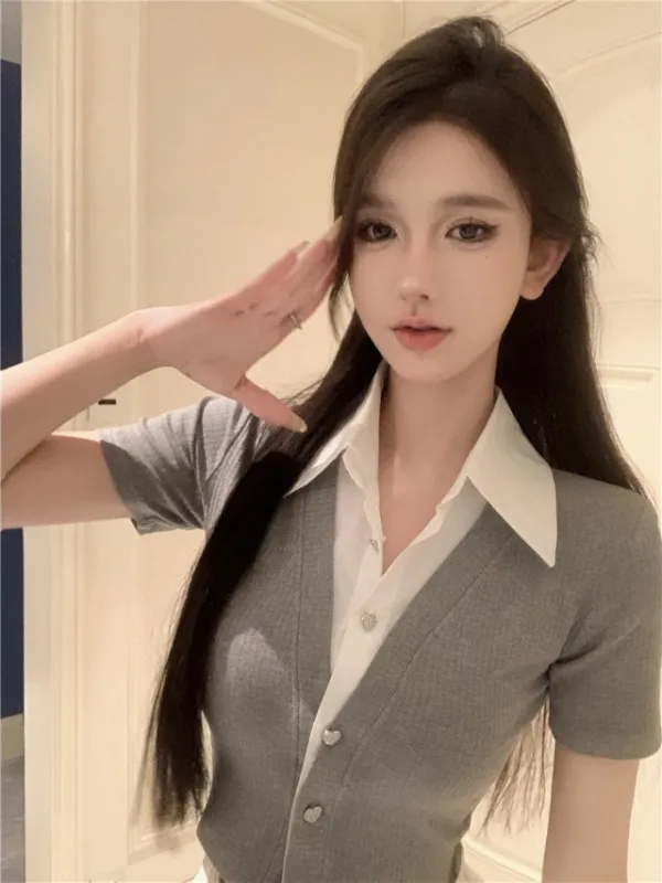 

Sweet And Spicy Korean Sle T-irt Fake Two-Piece Top ort Sve Women's Summer Design Slim Fit American Thin Casual