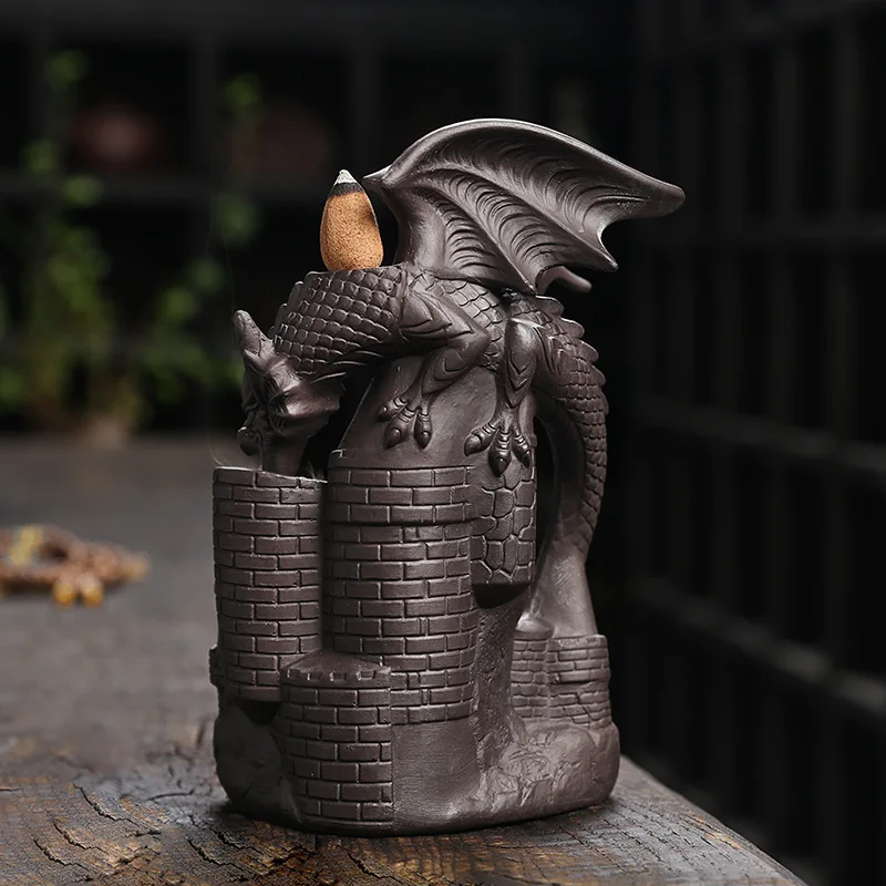 

[1pc Dragon Incense Burner] 1pc Elegant Ceramic Dragon Incense Burner | Gothic Castle Design Waterfall Fountain For Christmas