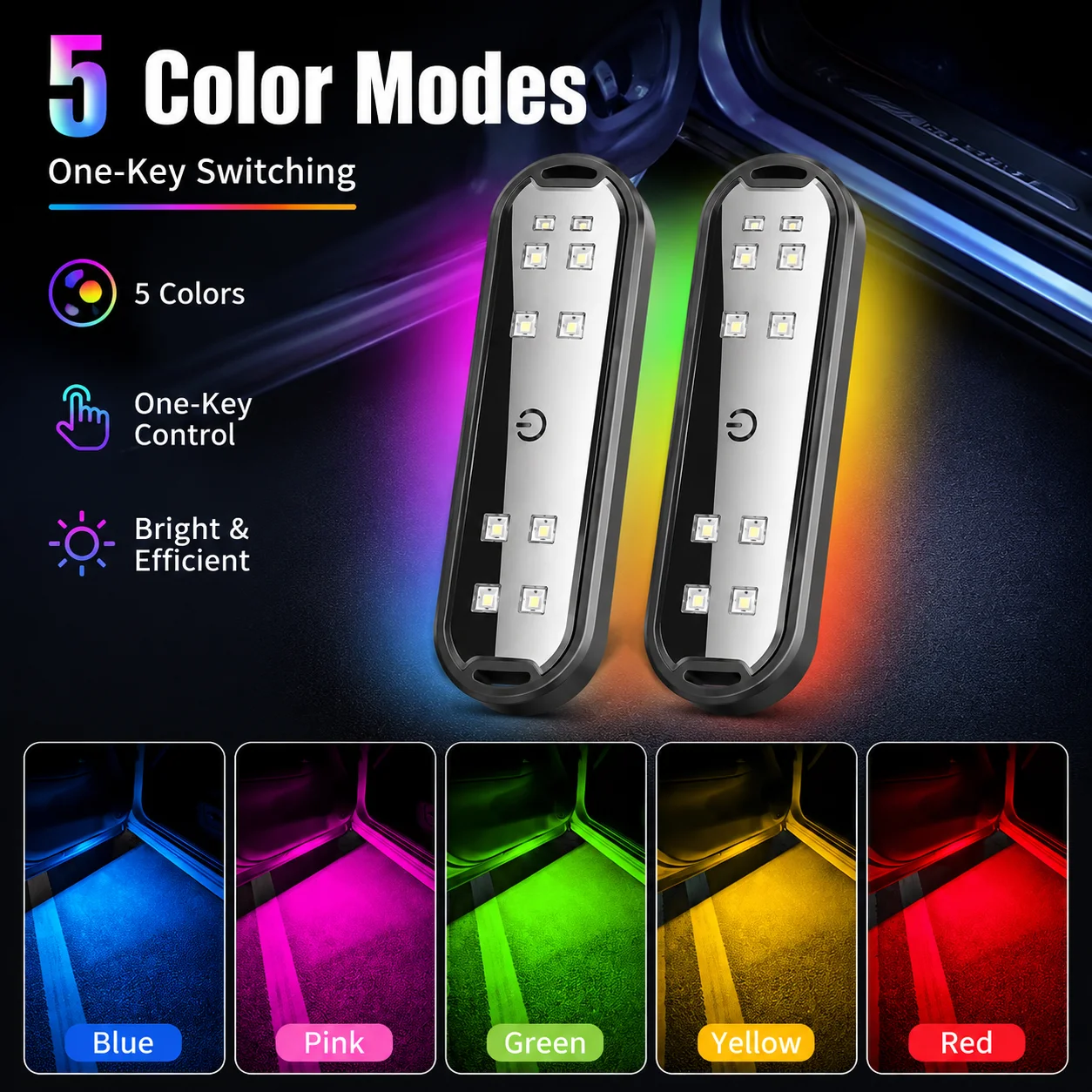 Wireless Car LED Interior Light 5 Colors USB Rechargeable Door Night Lamp Auto Sensing Ambient Lights for Car Decor Universal 2P