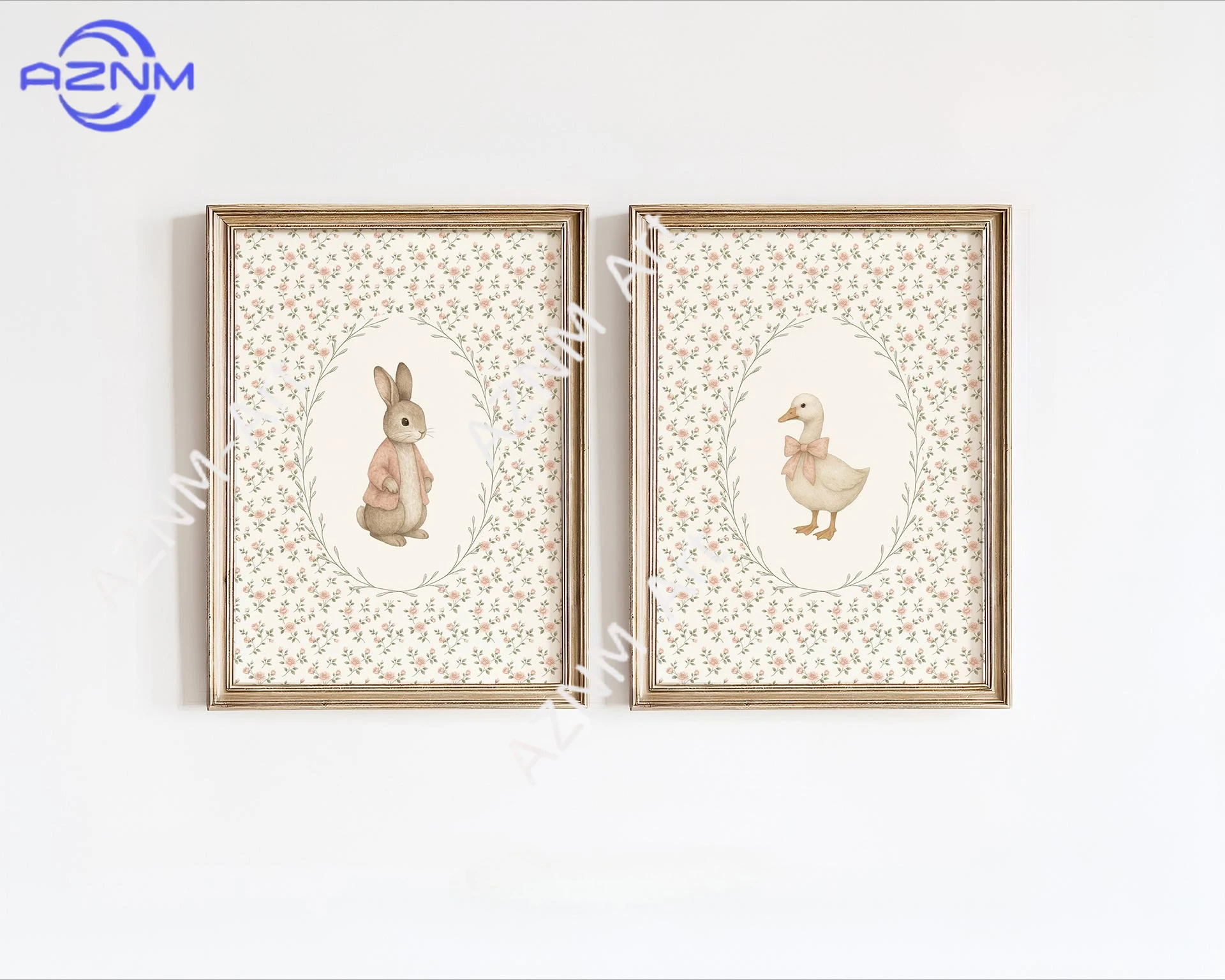 1 Stück/2 Stück Gänse- und Hasen-Wandkunstdrucke, Rosa Tierposter-Set für Mädchenzimmer, Vintage-Bauernhof-Walddekor, Kindergeschenk