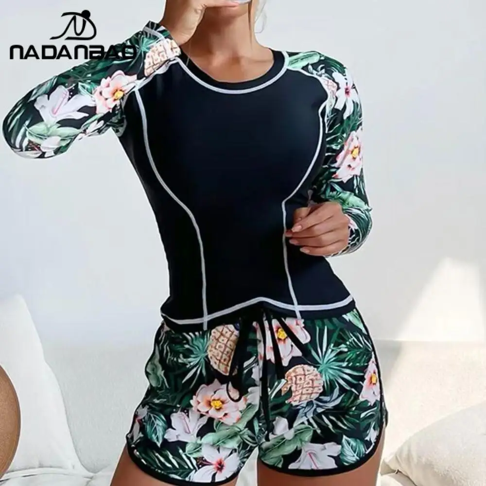 Nadanbao Tropical Floral Print Bikini Swimwear Long Sleeve Rash Guard Set Sun Protection Surfing Suit Drawstring Waist Swimsuit