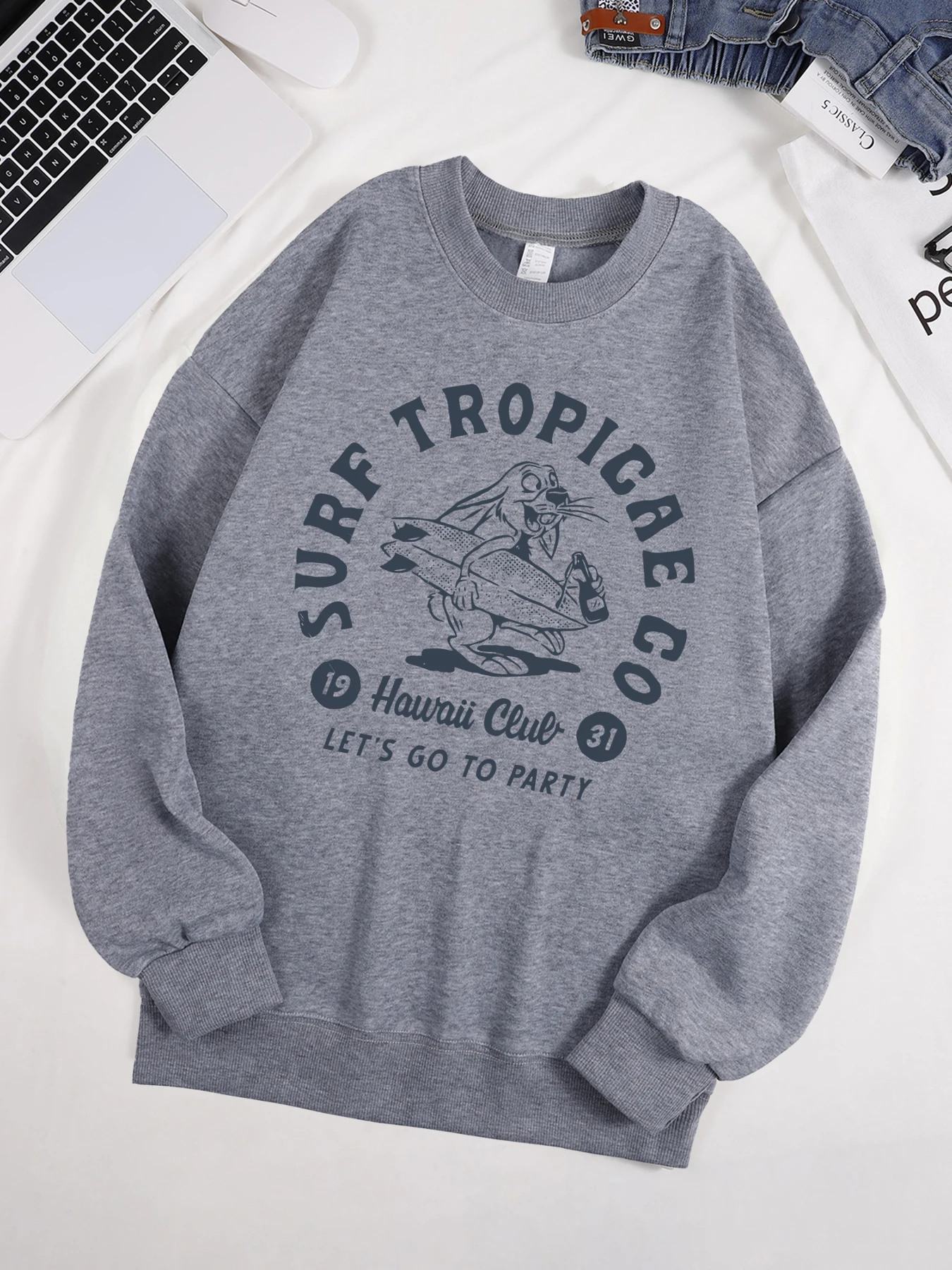 Surf Tropicae Co Hawaii Club Design Herren Sweatshirt Weiches warmes Top Fleece All-Match Pullover Rundhalsausschnitt Unisex Lose Sportbekleidung