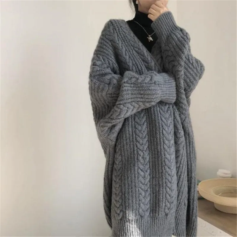Woman Sweater Cardigan Winter Knitting Batwing Sleeve Twist Solid Color Fashion Long woman's Clothing Dropshipping RZ278