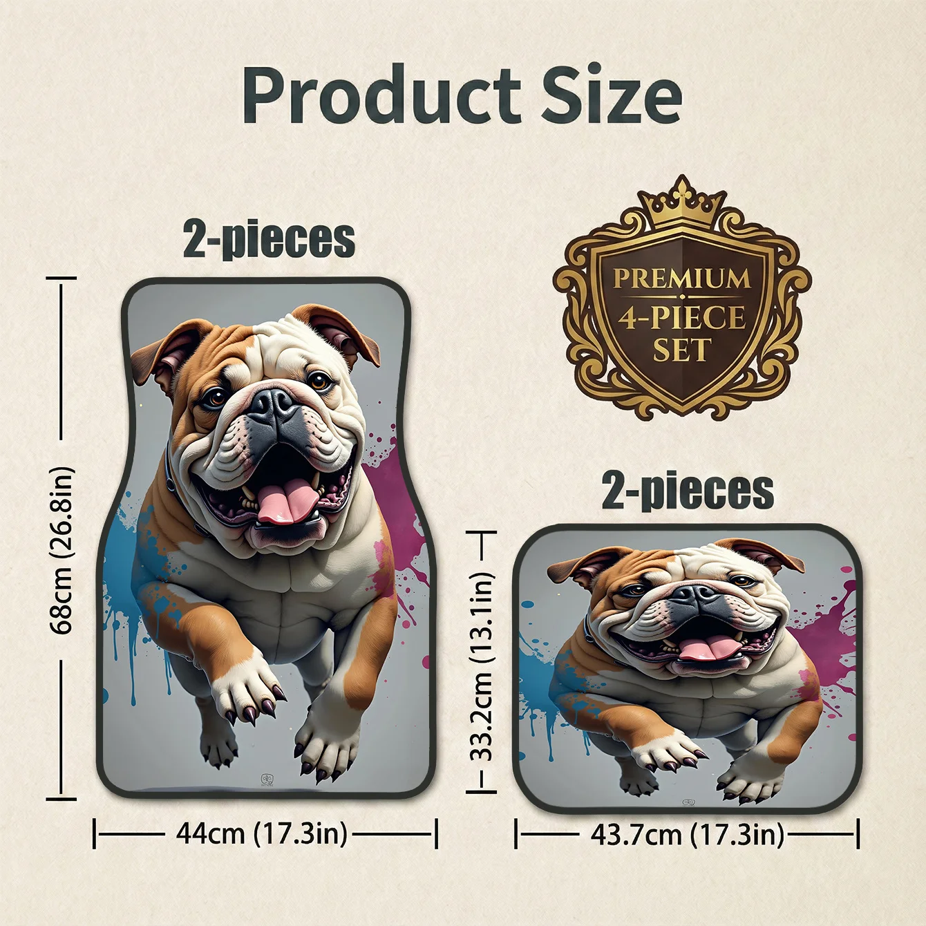 4pcs Bulldog Style Car Mats | Polyester Fiber, Universal Fit, Unique Interior Look, Great Gift For Car Enthusiasts