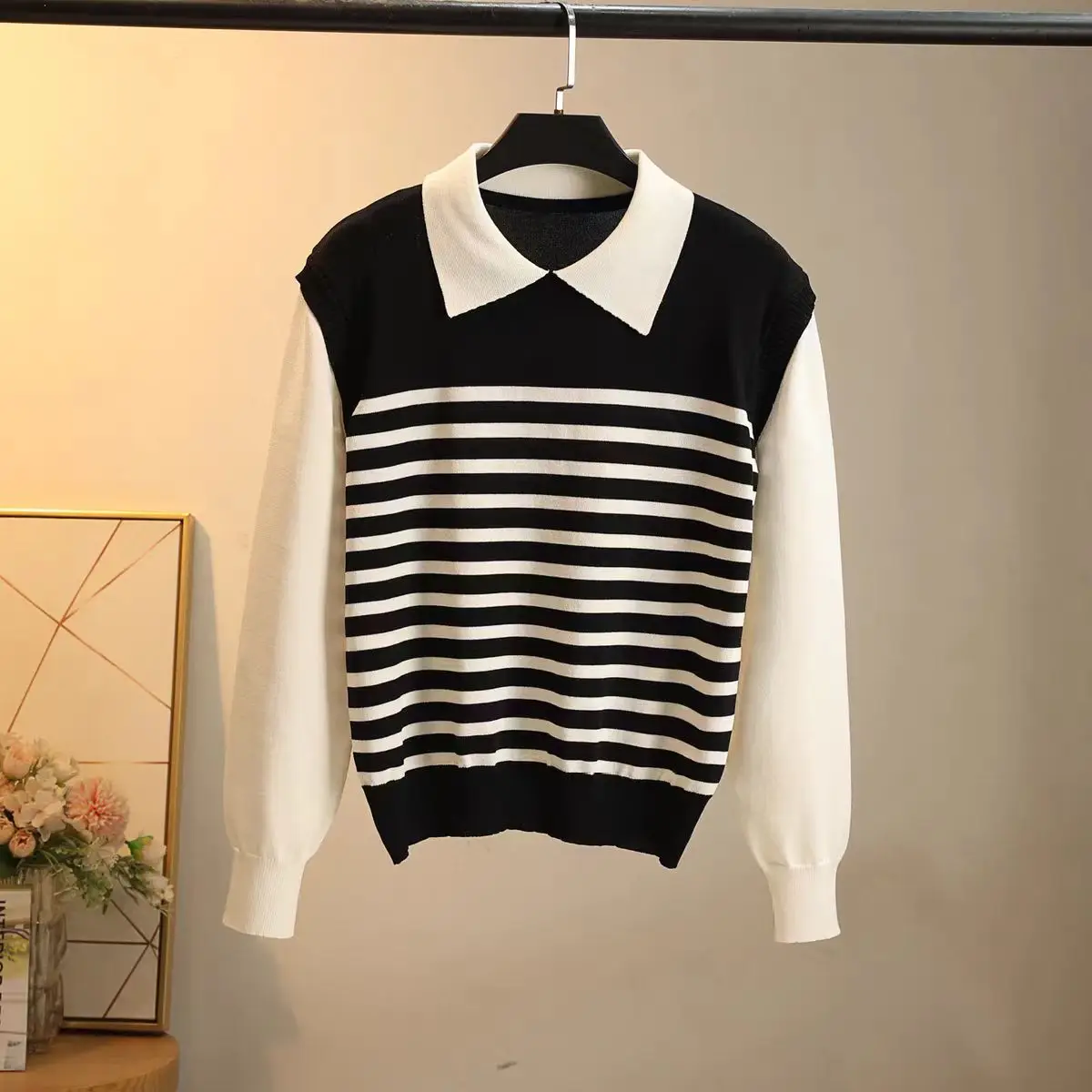 

Элегантный полосатый мягкий вязаный свитер, искусственные два элегантных повседневных удобных длинных рукавов, новые товары на рынке, модные.