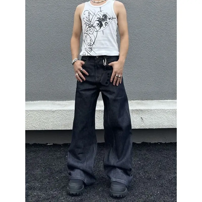 Men's Solid Color Jeans Black Sweatpants Street 90s Y2k Cool Boys High Waist Pants Summer Bottoms Male Casual Wide Leg Trousers