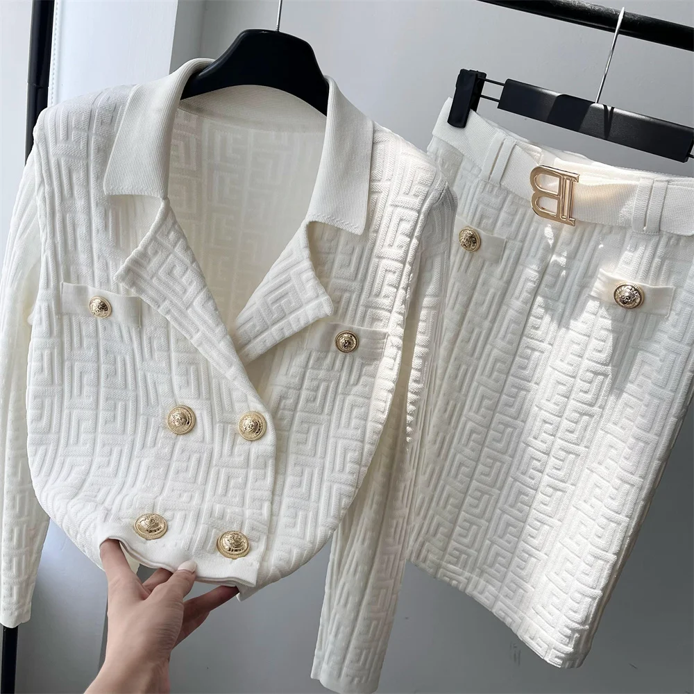 High Quality Women Fashion Elegant Ladies Jacquard Shoulder Pads Short Stretch Knitted Cardigan Jacket Top + Skirt Two-Piece Set