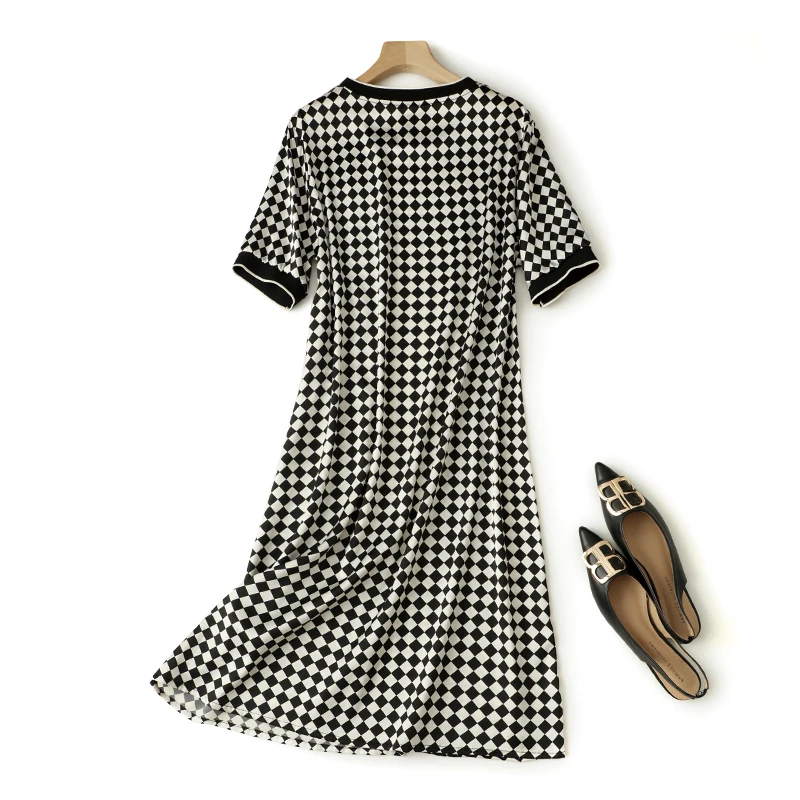 New Style Temperament Checkerboard Silk Dress Women\'s 2022 Summer Round Neck 100%Natural Mulberry Silk Short Sleeve Dress