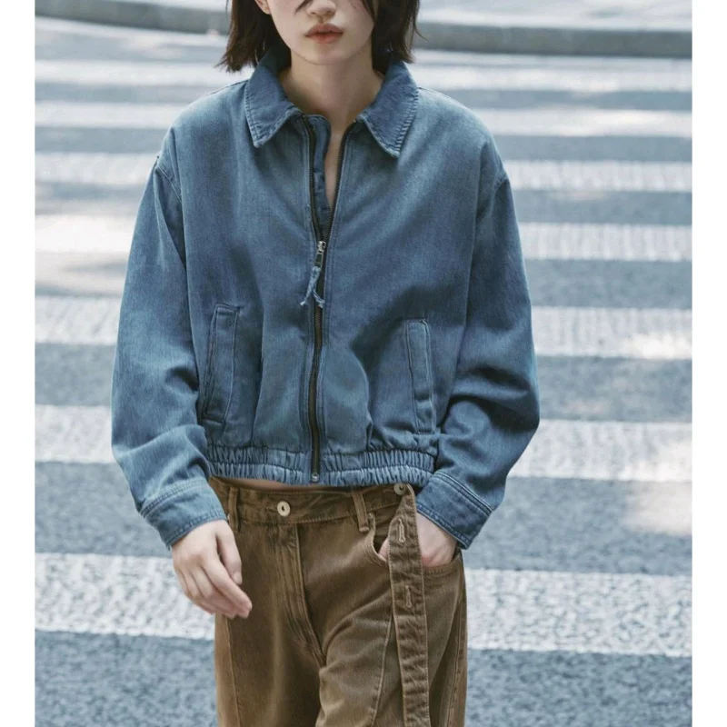 가을 여성 패션 메탈 지퍼 웨이드 효과 칼라 롱 슬리브 데님 파일럿 재킷 캐주얼 슬림 핏 폴리에스터 섬유