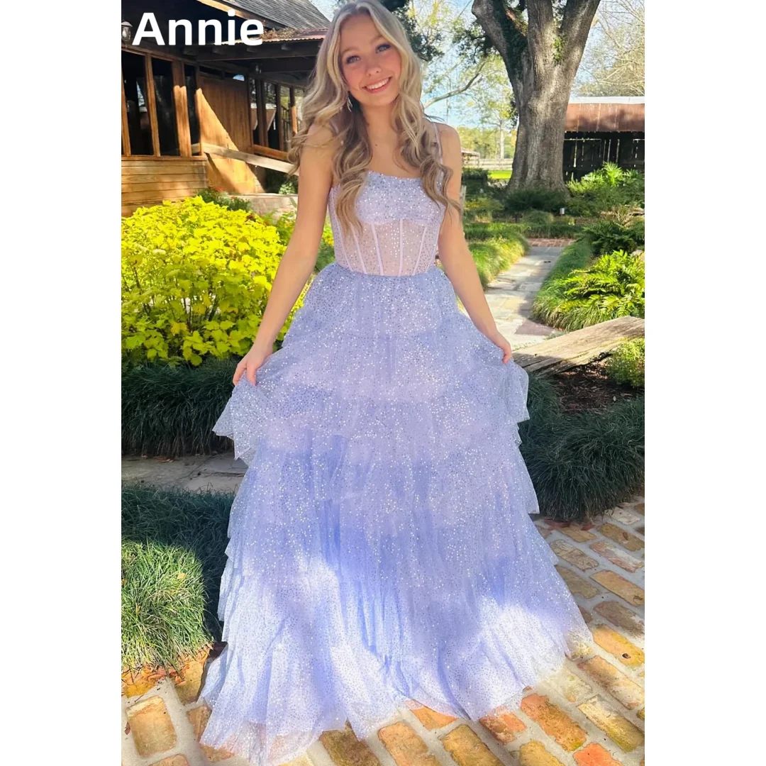 Annie Light Purplet Prom Dresses Spaghetti Straps With Sweet Sparkle Evening Dresses Tulle Layering Wedding Party Dress