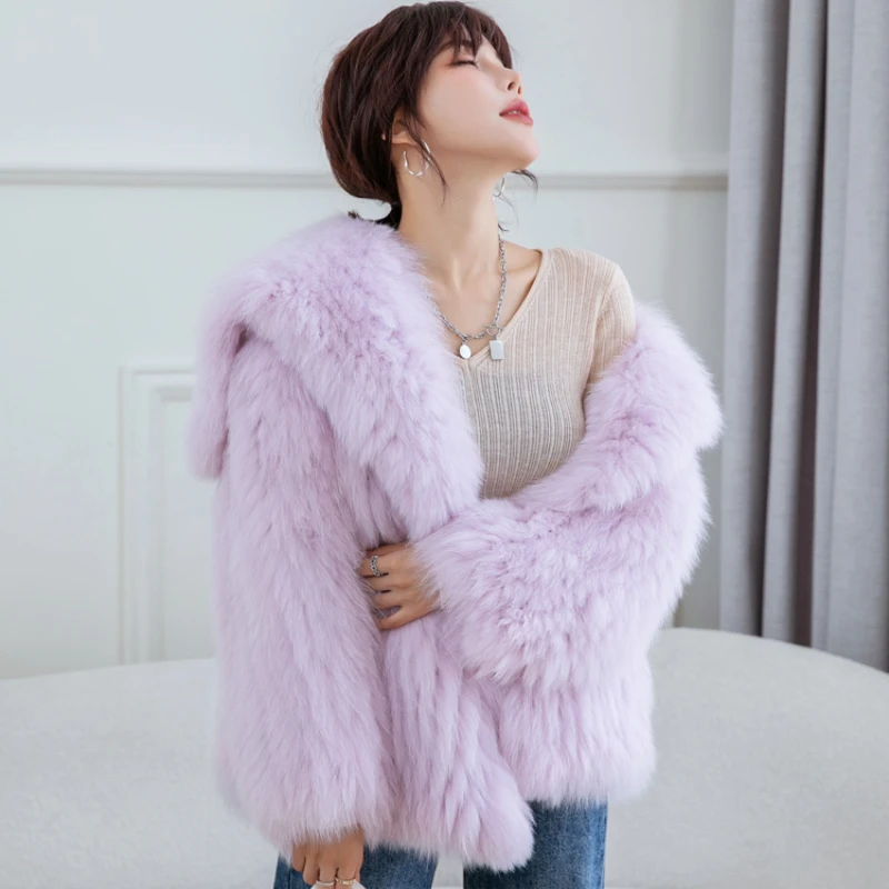 Lapel Woven Coat Imported Real Fox Hair Fur Women's Mid-length Fashion Young Long-sleeved Warm All-match Winter Jacket Trendy