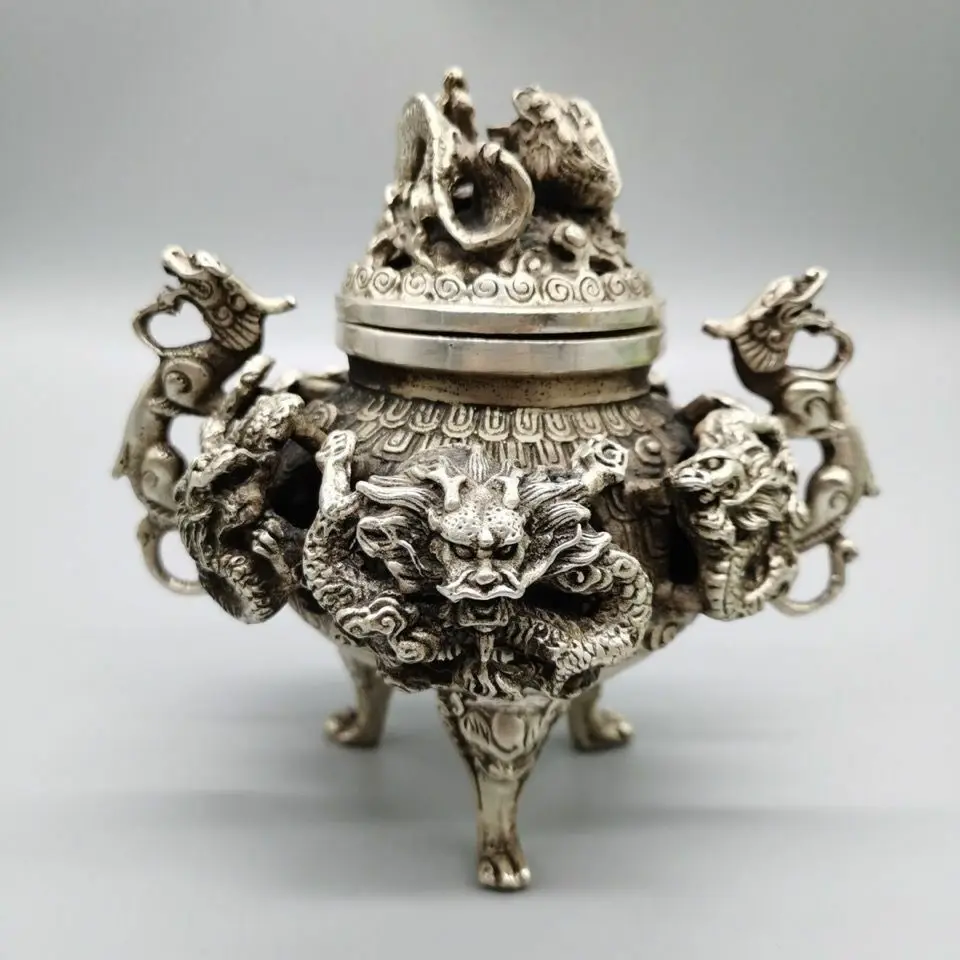 Antique Tibet silver nine dragon censer Old stamp tripod Incense Burner Statue