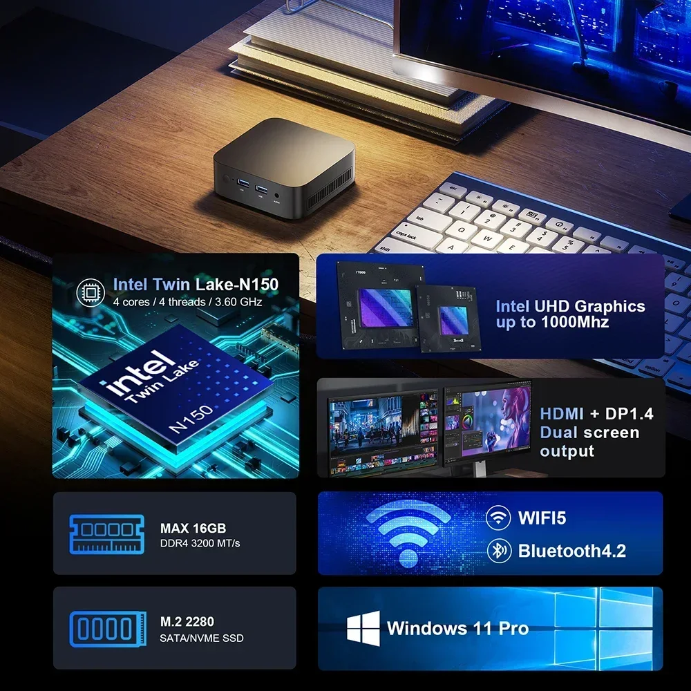 T10 Mini PC Intel Twin Lake N150 Windows 11 Ultra Small Pocket Computer Dual SSD Full Function Type-C 4K 60Hz RGB Output