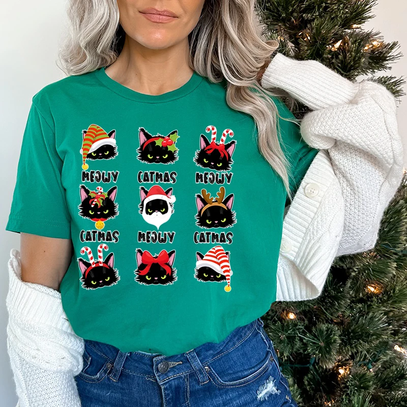 Camiseta clásica de gato de Feliz Navidad, regalo para amantes del gato de Papá Noel para Navidad, cuello redondo, ropa de mujer, camisetas festivas de manga corta