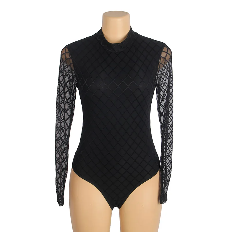 

HS-R81253 Foreign trade underwear long-sleeved rhombus onesie fashionable black thin inner and outer wear women