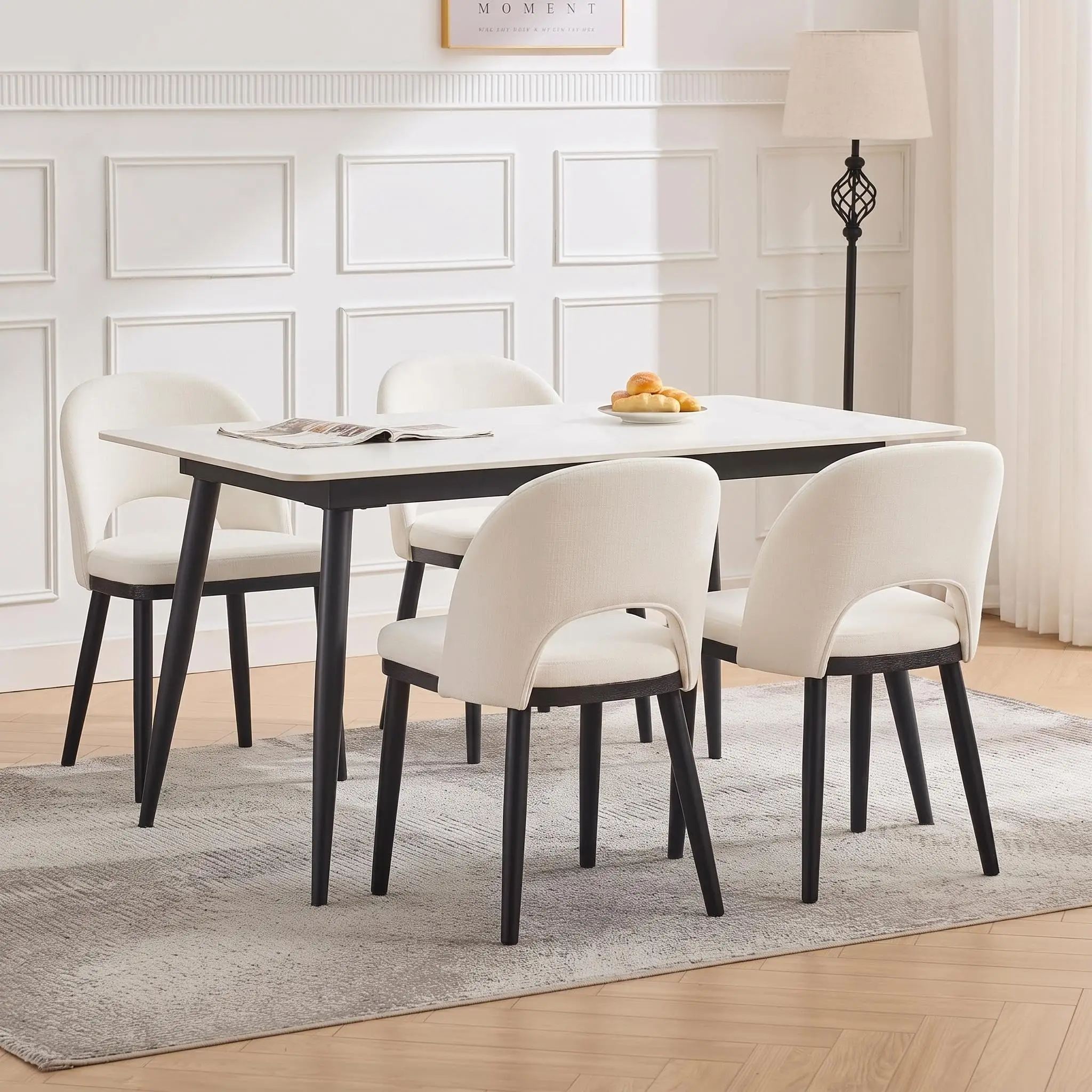 Wooden Dining Chairs Set of 4 or 6 Modern Fabric Upholstered Kitchen Side Chairs Linen Fabric Padded Seat Beige Dining Room Chair with Foot Pegs Luxury Home Outdoor Furniture