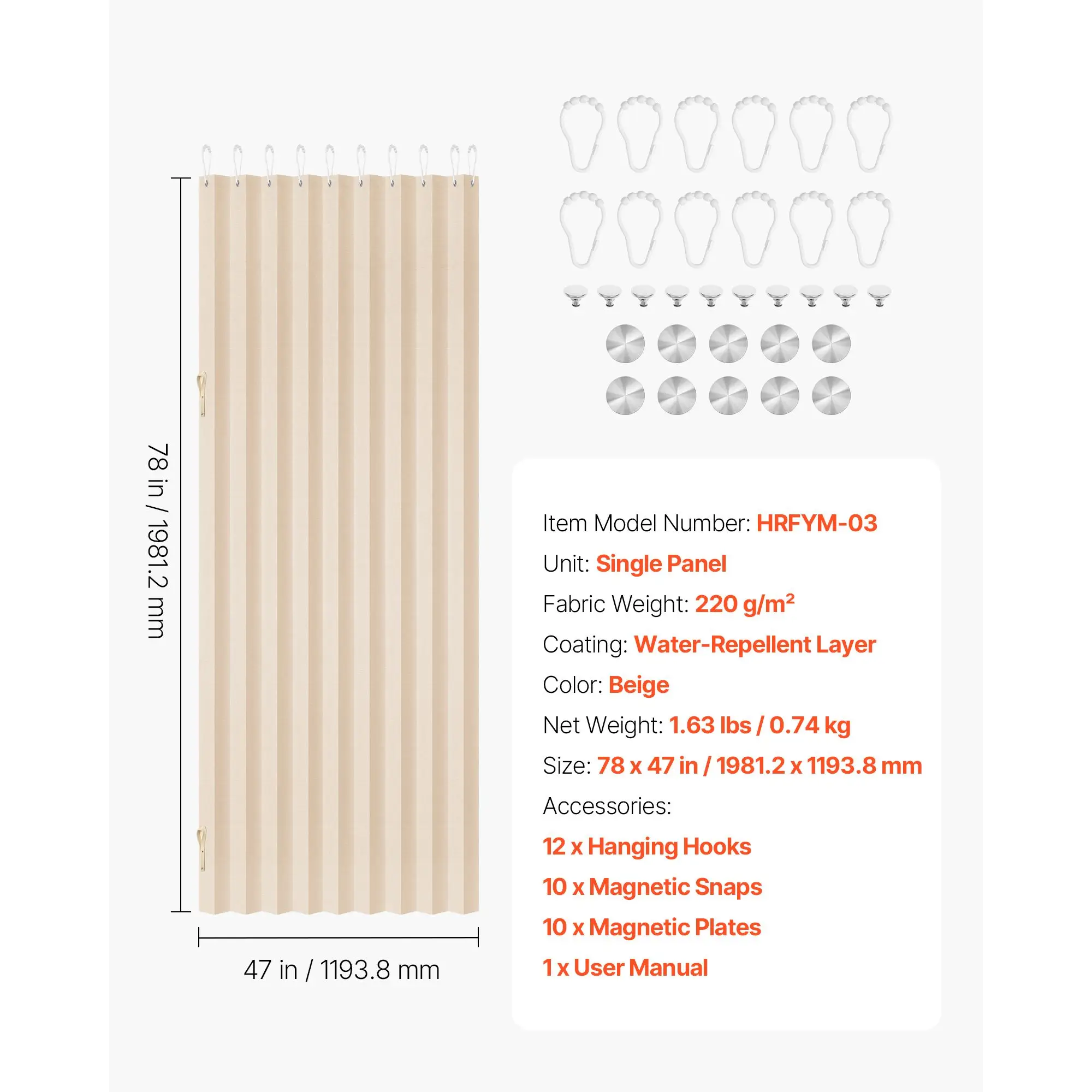 Accordion Door, 47 x 78 inch, Blackout Fabric Folding Magnetic Door Curtain, with Hanging Hooks, Interior Room Divider for Doorways, Closets, Bedrooms, Bathrooms, Living Rooms, Beige, 1 Panel