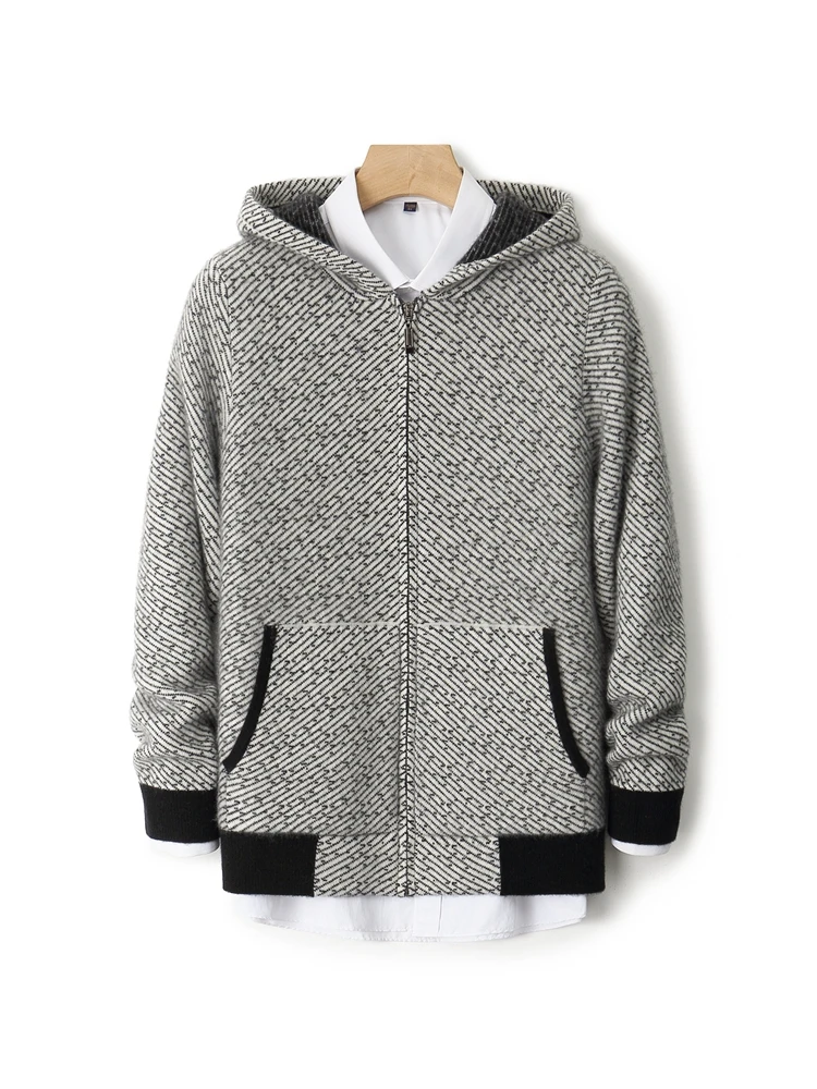 

TLOML Мужской свитер из 100% мериносовой шерсти, толстый жаккардовый кардиган с капюшоном на молнии, пальто, умная повседневная кашемировая мягкая теплая вязаная куртка