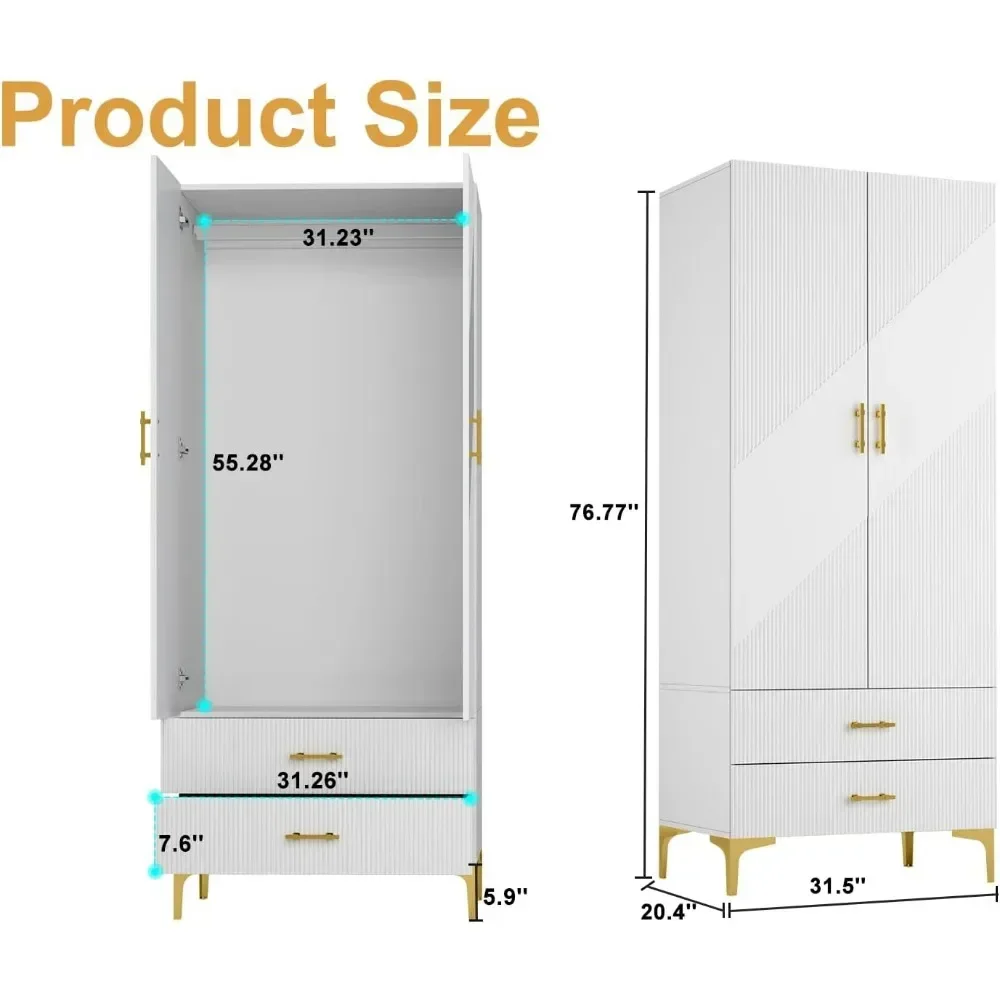 Wardrobe Armoire with 2 Doors, 2 Drawers and Hanging Rods, Twill Wood Closet Storage with Metal Cabinet Legs, White ,Wardrobes