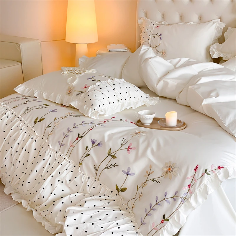 100% Cotton Flowers Embroidery Ruffles Bedding Set Single Queen King Size Duvet Cover Bed Sheet/Fitted Sheet Pillowcases 3/4Pcs