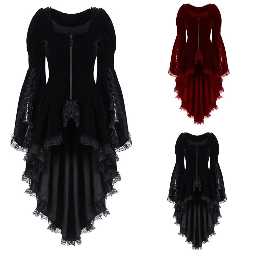 Women Gothic Dress Long Sleeve Cross Irregular Velvet Dresses Lace Hem Medieval Ladies Witch Dress Lolita Cosplay Costume