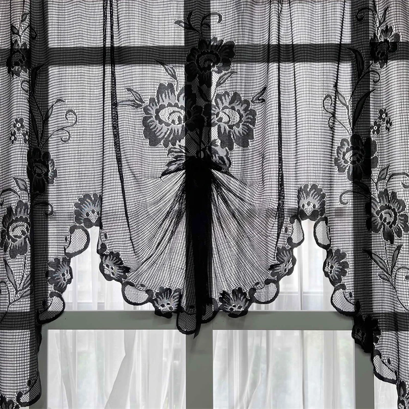 American Black Floral Lace Tulle Pull Curtains Roman Lifting Sheer Voile Door Bay Window Kitchen Partition Christma Party Drapes