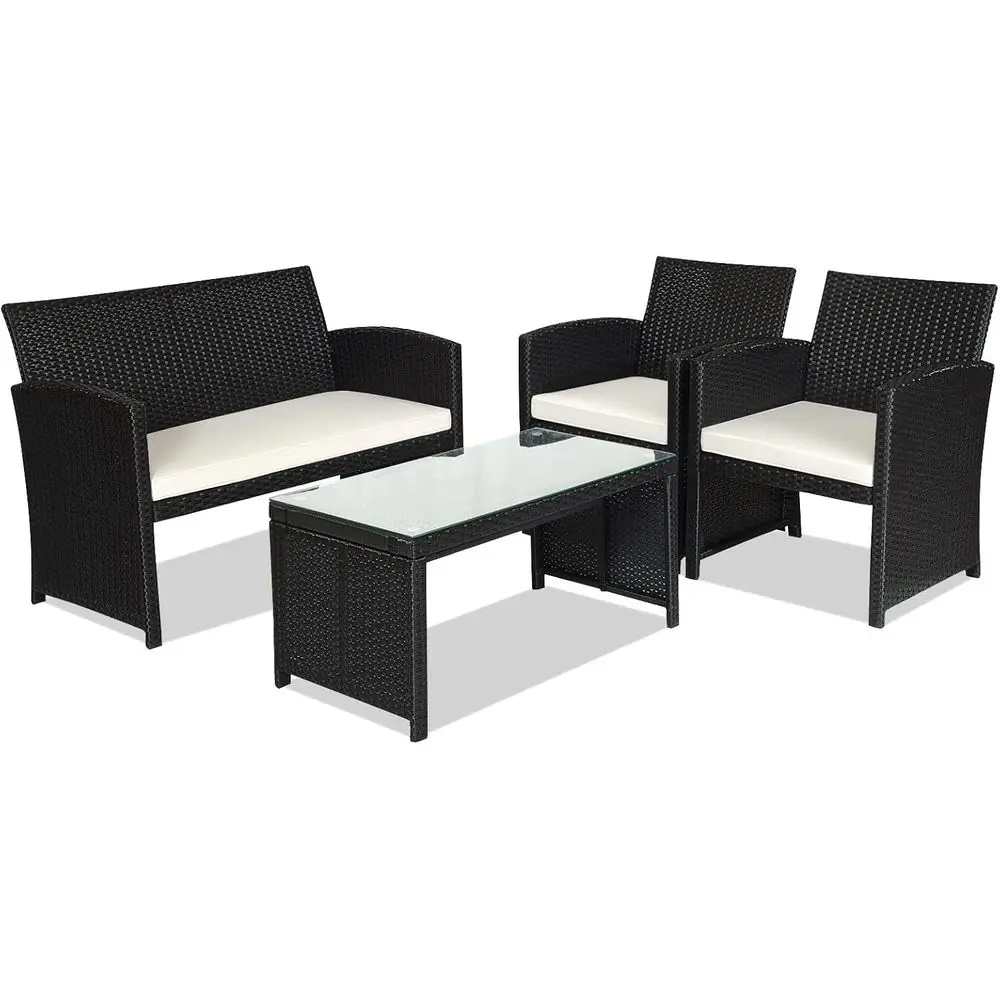 

4-Piece Outdoor Patio Furniture Set with Rattan Wicker Sofa, Table, and Cushions for Garden, Lawn, and Poolside