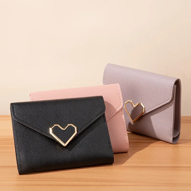 

Women Chic Small Wallet Fashion Solid Color Heart Style Purse Wallet Handbag Portable Travel Bank ID Card Cash Storage Bag