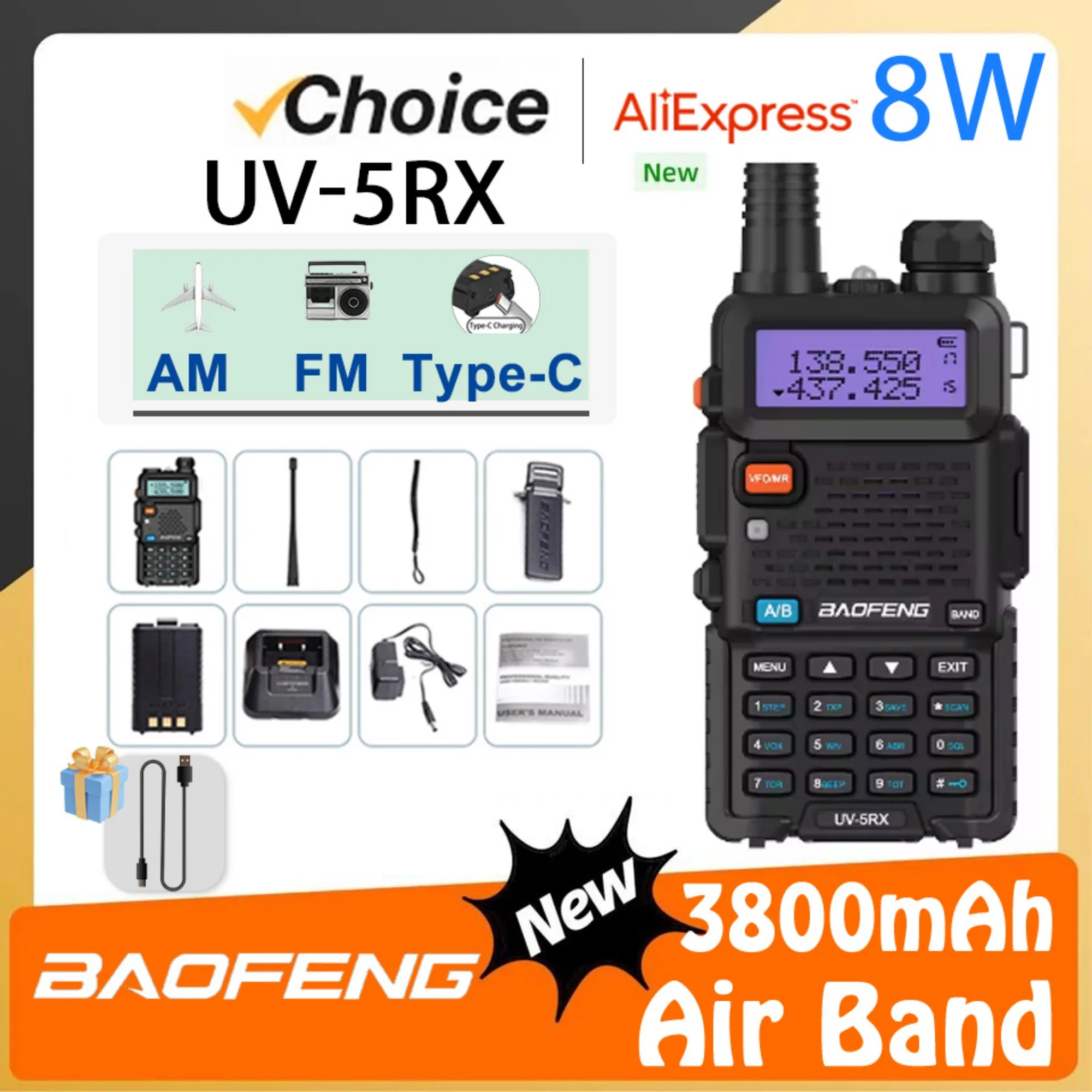 

Baofeng UV-5RX 8W Multi-band 136-174/220-260/400-520MHz Aviation Band DTMF Repeater 128CH Handheld Long Range Communicate Radios