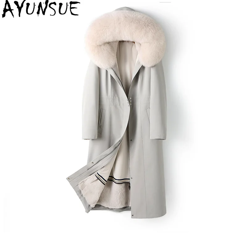 

AYUNSUE Rex Rabbit Fur Coat 2025 Real Fur Coats for Women Winter Clothes Warm Fox Fur Collar X-long Womens Parka Шуба Женская