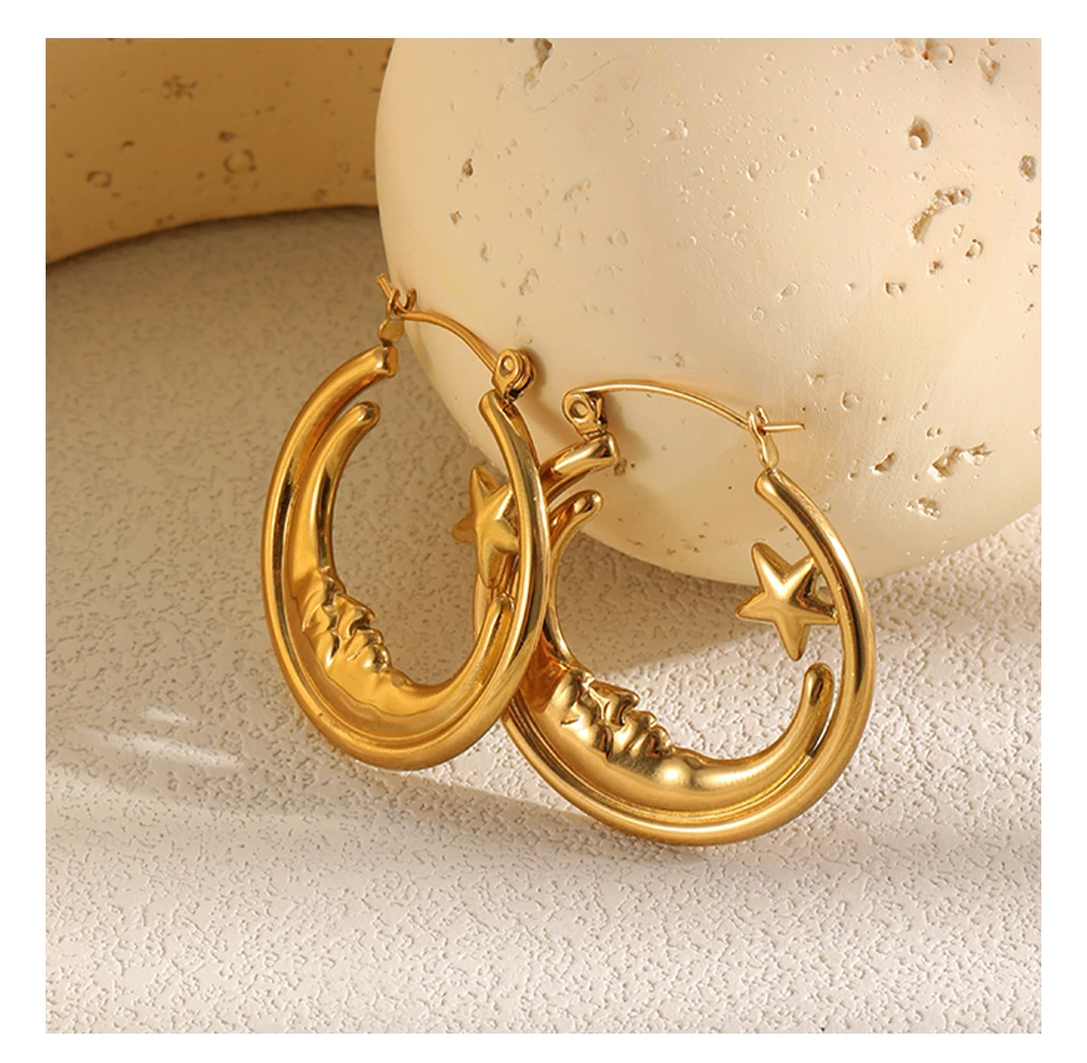MamacitaSlay Einzigartige 316L Edelstahl Mond-Stern-Creolen, 18K vergoldet, wasserdichter Schmuck für Damen, Alltagskleidung, Geschenk – Detail 5